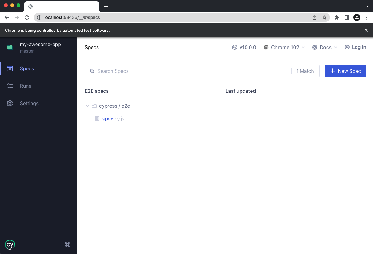 The Cypress App showing the spec list with the newly created spec